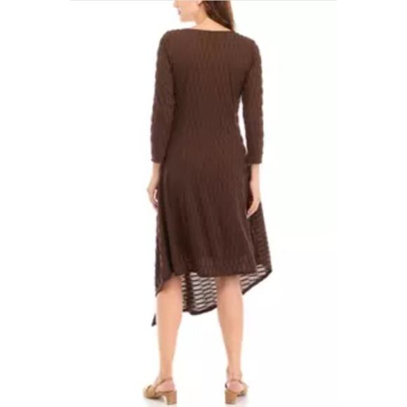 Signature Robbie Bee Long Sleeve Asymmetric Ruched Knit Midi A-Line Dress Brown - Picture 2 of 6